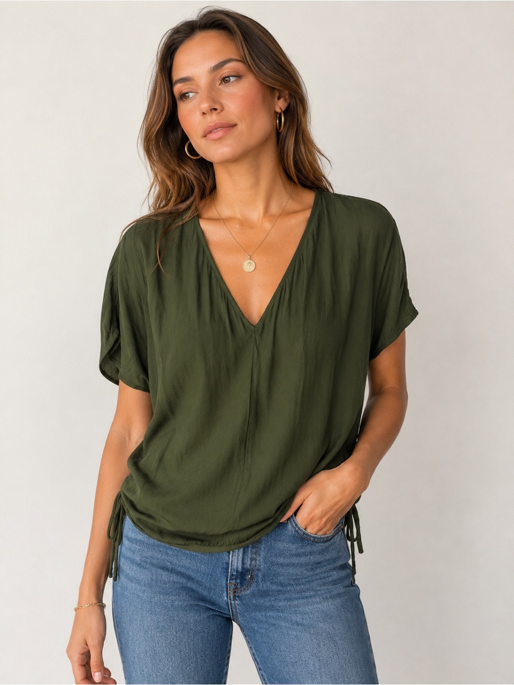 Milly Olive Green V-Neck Short Sleeve Blouse with Side Ties